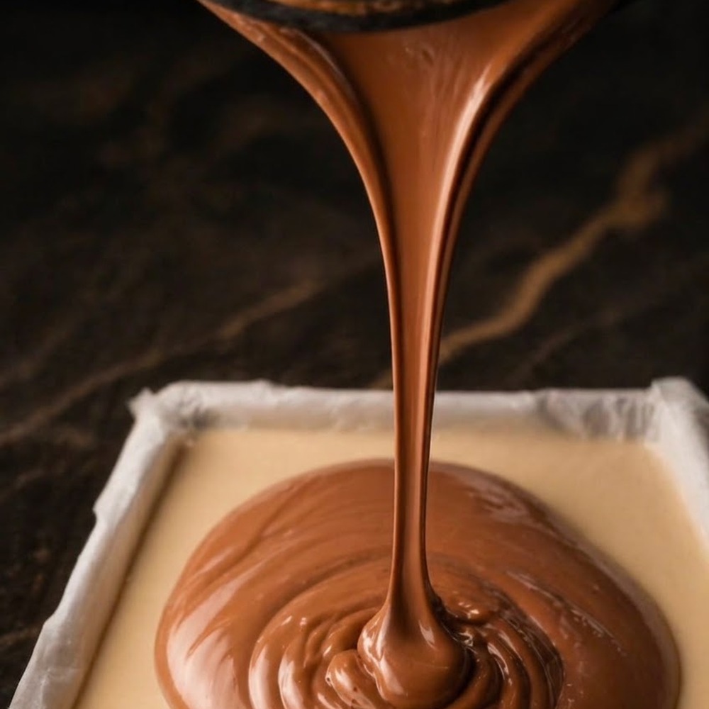 Chocolate derretido cayendo sobre la capa de pasta de maní